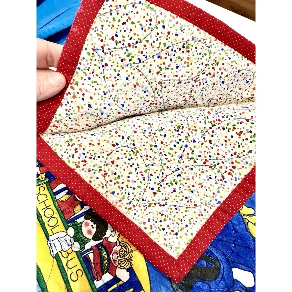 Vintage Quilted Baby Blanket Transportation School Bus Road‎ Signs 28x40 Blue